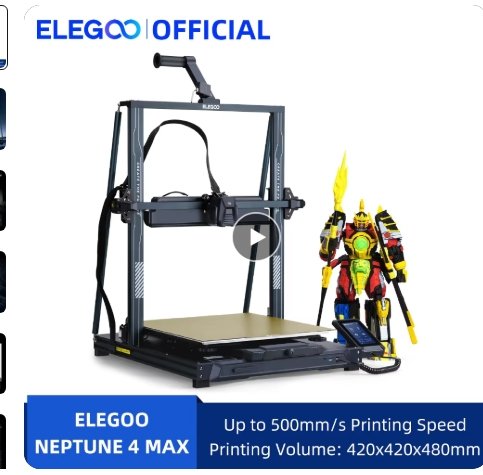 ELEGOO-NEPTUNE 4 MAX FDM Impressora 3D, Até 500 mm/s Velocidade de Impressão, Dupla Engrenagem Extrusora Direta, Construir Volume 420x420x480mm