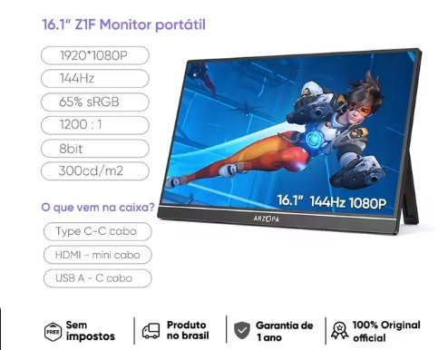 [produto no brasil] Novo ARZOPA 16.1 polegada 100% sRGB 144Hz Monitor de Jogos Portátil Display Laptop com Tipo C Mini HDMI Para PS4/5 Steam Deck Switch XBOX PC Mac, Z1FC
