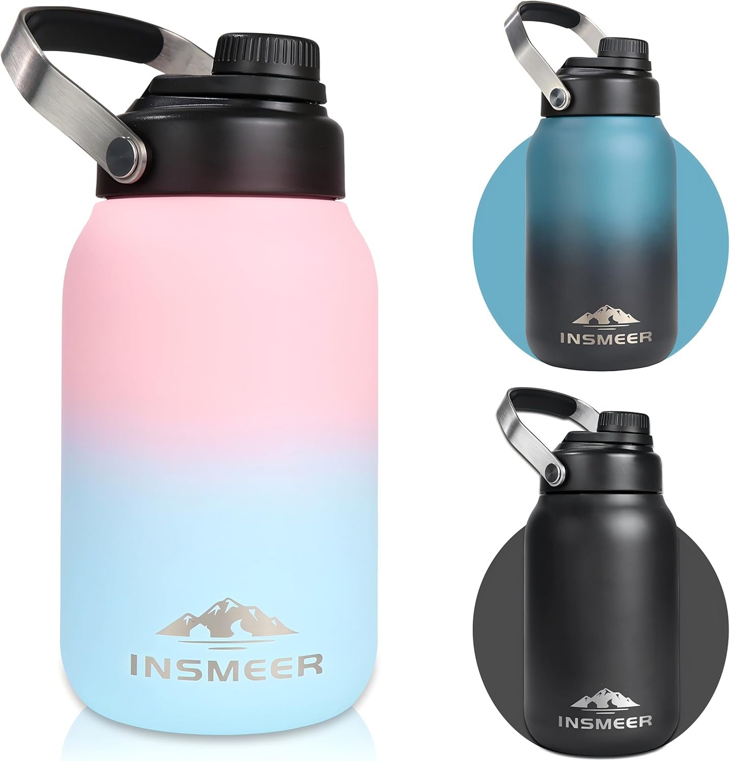 INSMEER Garrafa Térmica De Com Isolamento A Vácuo De Parede Dupla, Frasco De Boca Larga De Aço Inoxidável 18/8, À Prova De Suor, Garrafa De Água De Metal Sem Bpa Com Escova De Limpeza,1,89L, Rosa